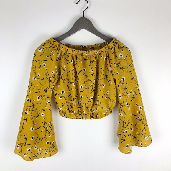 Tops - Cropped Yellow Floral Long Bell Sleeve Top XS